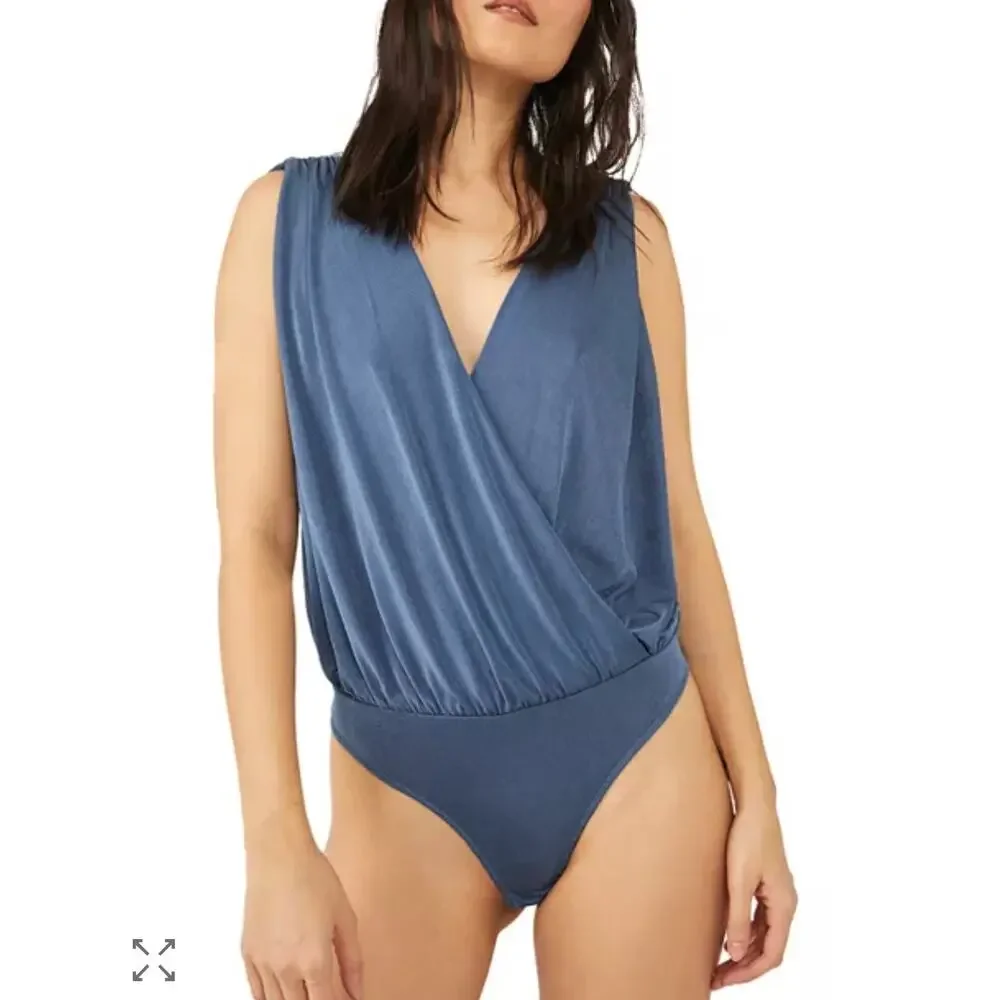Free People Intimately Night Owl Bodysuit Size XS Blue Draped Sleeveless Top